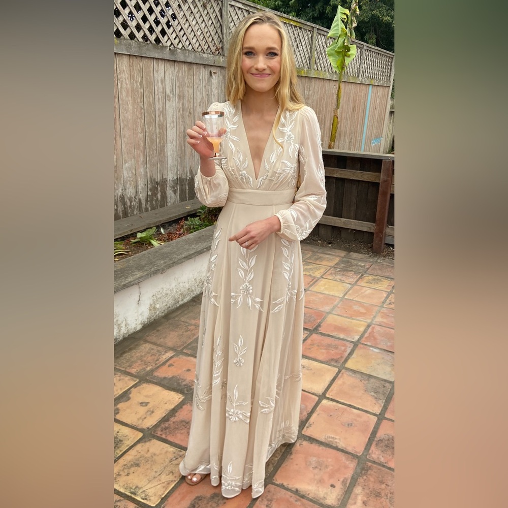 BHLDN Belize Embroidered A-Line
Long-Sleeve V-Neck Gown
